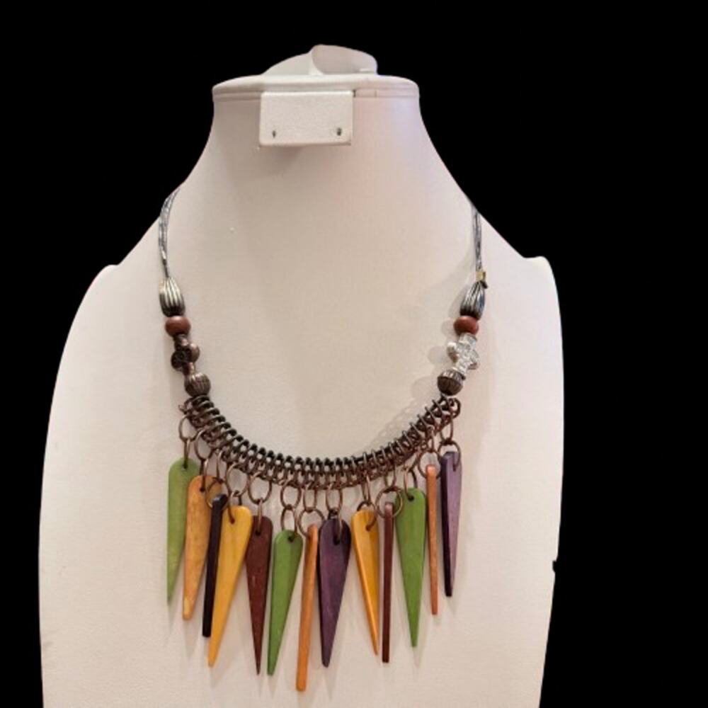 Boho Ethnic Tribal Colorful Wooden Spike Collar Necklace